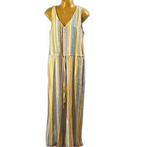 Anthropologie Drew Women's Linen Blend Striped Woven Jumpsuit Yellow Blue Sz S